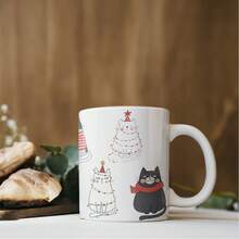 1Pc 11oz Christmas Mug, Funny Cat Christmas Coffee Mug, Cat Lover Gift, Cute Holiday Kitty Mug, Ceramic Cats Xmas Mug Desk Decor - White - View 4