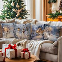 4pcs Christmas Snowy Landscape Printed Pillow Cover Set - Peach Velvet Pillow Case 45*45cm