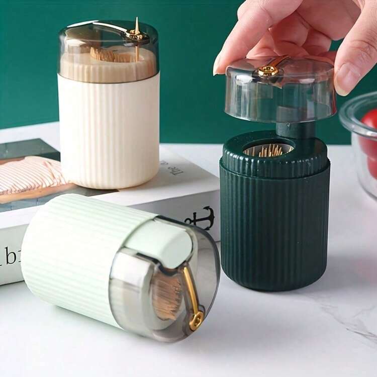 Automatic Pop-Up 3-In-1 Toothpick Dispenser With Cotton Swab & Floss Holder - Bathroom Vanity Organization Luxury Accessory 4 Colors - 綠色 - 查看 6