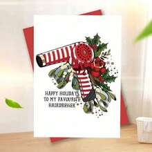 [Funny Holiday Card] 1pc Funny Holiday Card - Humorous Greeting Card With Red Hair Dryer & Holly Design | "Happy Holidays To My Favorite Hairdresser" - Perfect For Women, Friends & Family