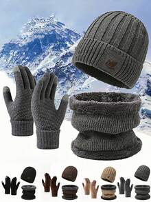 Set de 3 piezas de guantes, gorro y bufanda de lana tejida y forrada, adecuado para clima frío, unicolor, decoración casual de otoño