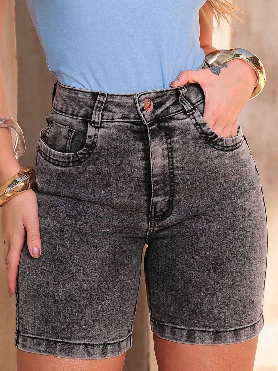 Women's Denim Shorts Bermuda Mid-Thigh High Waist Black Marbled Graphite Lift Butt Lift Lycra Elastane - 黑色 - 查看 1