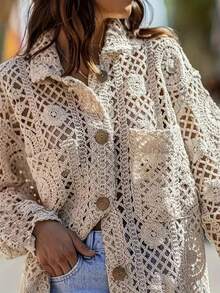Oversized Loose Knit Crochet Hollow Out Cardigan Sweater For Women, French Style - Beige - View 3
