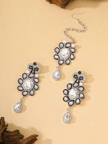 3件套奢华仿珍珠吊坠耳环+头链首饰套装，适合女士日常佩戴和女孩派对佩戴