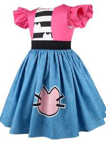 Christmas Carnival Cat Dollhouse Cosplay Costume Birthday Party Evening Outfits Ruffle Sleeve Dresses With Headband Glasses Bag 3pcs - Blue - View 3