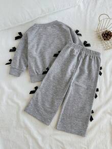 Set de 2 piezas de sudadera de manga larga casual y pantalón de pierna ancha con decoración de lazo 3D para niñas bebés, estilo callejero retro