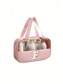 1 pièce Sac de maquillage organisateur en PVC transparent, design de lettre, sac de maquillage portable et imperméable, sac de toilette minimaliste avec patch initial, cadeau pour maman, sac de plage, accessoires de plage, serviette de plage, fournitures de plage, sac de vacances, indispensable pour les vacances d'hiver et d'automne, cadeau de la Saint-Valentin