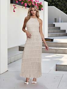 Vestido largo de mujer ajustado con pliegues, sin mangas, espalda descubierta, vestido de unicolor para fiesta y cóctel - Blanco - Ver 10
