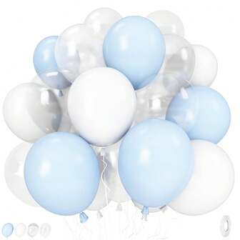 Pastel Blue And White Balloons, 12 Inch 35PCS Light Baby Blue Pearl White With Clear Latex Balloon For Boys Birthday Bachelorette Party Bridal Baby Shower Winter Holiday Party Decorations Supplies
