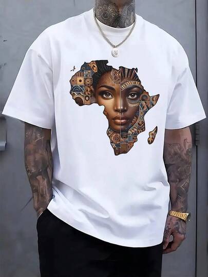 Camiseta Gráfica Casual para Hombre "África" - Impresión Vibrante con Cara Femenina y Patrones Africanos Tradicionales, Manga Corta, Cuello Redondo, Ligera y Elástica, Perfecta para Primavera y Verano, Ropa Casual| Camisa de Estampado Vibrante| Camiseta Ligera