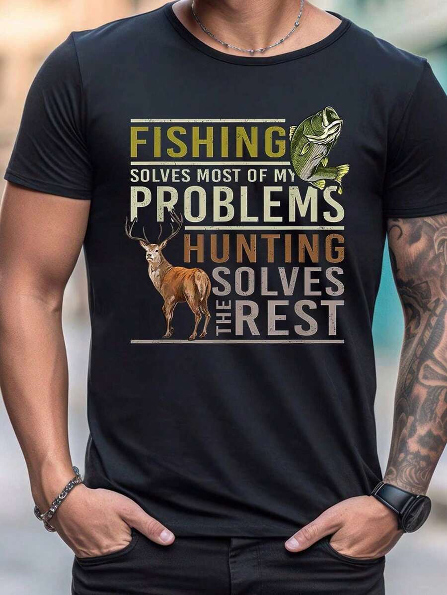 Men's Cotton Printed T-Shirt - 'Fishing Solves Most Of My Problems, Hunting Solves The Rest' - 黑色 - 查看 1