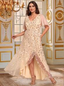 优雅闪亮V领短袖高开衩金色晚礼服、伴娘礼服、派对礼服、新娘母亲礼服 - 金色 - 查看 7