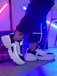 ​Men's  Black And White Chunky Sole Sneakers - Breathable Mesh Upper With Raw Hem Denim For Street Style Comfort, Year-Round Shoes​ - 白黑 - 查看 1