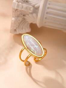 1 pieza de anillo ajustable de acero inoxidable con diseño de gema ovalada de moda, chapado en oro de 18k, adecuado para uso diario de mujeres, citas festivas, compromisos, bodas, accesorio que puede regalarse a amantes, amigos y familiares