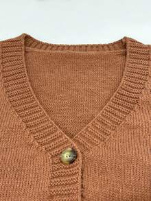 Plus Size Autumn/Winter Loose Fashion Casual Solid Color V-Neck Single Button Pocket Design Mid-Length Cardigan Sweater Vest - Brown - View 7