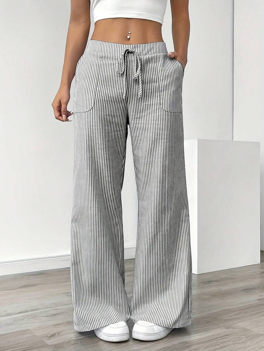 Women's Striped Wide-Leg Casual Pants - Comfortable And Stylish For All Seasons, Straight-Leg Design With A Waistband, Suitable For Everyday Wear And Festive Gatherings, Casual Wear | Striped Pattern | Comfortable Style,Vertical Stripe Drawstring Wide-Leg Pants: Slimming Fit, Comfort For Daily/Street;Relaxed Wide-Leg Trousers: Striped Design, Drawstring Waist, Versatile Outfits - 灰色 - 查看 1