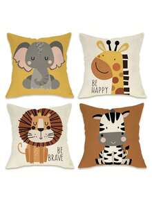 4 件动物装饰枕套小象长颈鹿狮子斑马户外枕套，勇敢快乐靠垫套儿童房家居装饰单面无枕芯