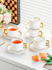 1 套陶瓷杯碟套装，陶瓷茶杯和盘子，咖啡杯碟盘，欧式金边饮具，适合早餐、茶会、下午茶、居家、花园、餐厅，四季皆宜 - 彩色 - 查看 6