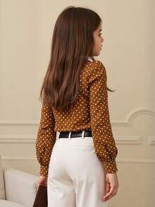 Girls' Polka Dot Long Sleeve Blouse, Ruffled Collar + Subtle Puff Sleeves, Wrinkle-Resistant Chiffon, Fashionable & Minimalist, Suitable For Spring & Autumn