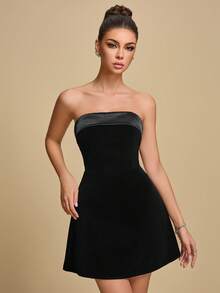 女士新款优雅浪漫无肩带黑色丝绒迷你连衣裙，适合婚礼季和派对；女士高腰A字连衣裙，适合与朋友享用早午餐、约会、情人节、生日等场合。 - 黑色 - 查看 7