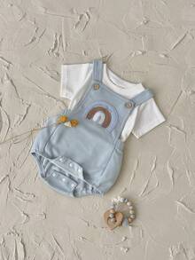 2pcs/Set Baby Boy Cute Rainbow Embroidered Short Sleeve T-Shirt And Bib Overalls Romper, Summer - Blue - View 6