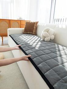 1pc Solid Color Plush Sofa Cover - Modern Non-Slip Warm Sofa Protector, Black Edged Bottom Sofa Cushion, Fits Single To Four-Seater Sofa - Machine Washable Polyester Home Decor