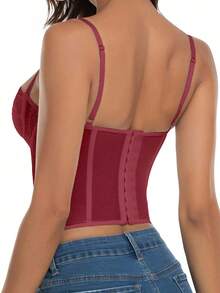 1件蕾丝胸衣束身衣上衣，女士性感外出派对夜店上衣，带搭扣，休闲夏季款 - 酒紅色 - 查看 3