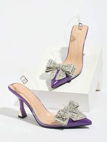 Women's Rhinestone Bow Decor Pointed Toe Closed Toe Slingback High Heel Shoes, Elegant & Comfortable Slingback Transparent Shoes, Glamorous For Evening Party, Heel, Fall, Autumn, Wedding, Formal Occasions, Suitable For Autumn/Winter, Purple PVC High Heels, Elegant - Purple - View 6