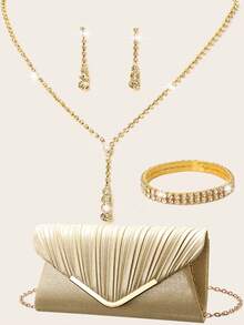 女士钻石首饰闪耀奢华水钻首饰套装闪亮项链耳环手链套装个性V型金属五金翻盖包 - 香檳色 - 查看 13