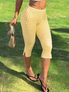 Women's Retro Skinny Fit Gingham Capri Pants With Delicate Lace Trim Side Slit Comfortable Cropped Trousers For Casual Daily Outfits - 黃色 - 查看 4