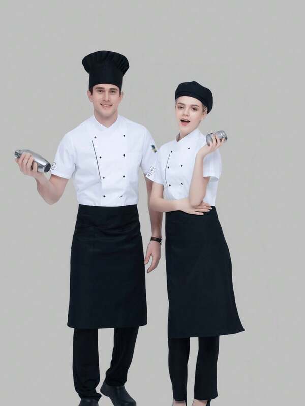 بدلة طباخ جديدة أكمام قصيرة للجنسين، تصميم أبيض كلاسيكي راقي لفنادق، المطابخ الخلفية، المطاعم الغربية، المخابز، المقاهي، محلات الزهور، المكتبات، المطاعم السريعة. سيلويت نظيف، أنيق بسيط، مريح وقابل للتنفس