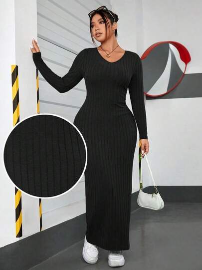 Vestido largo ceñido sólido con cuello en V para tallas grandes