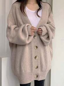 Women's Cardigan Sweaters Fall Open Front Oversized Button V Neck Loose Soft Knit Outwear - 卡其色 - 查看 1