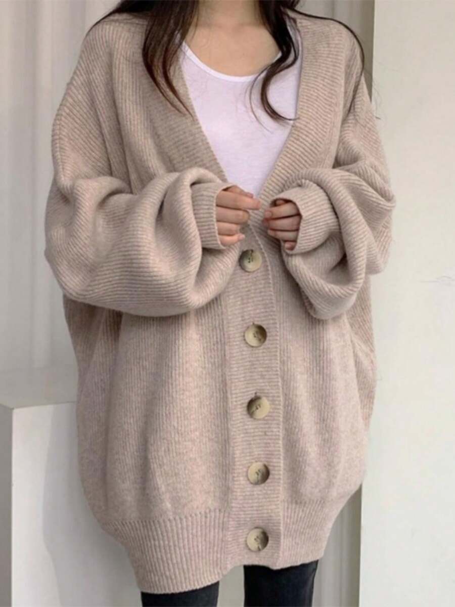 Women's Cardigan Sweaters Fall Open Front Oversized Button V Neck Loose Soft Knit Outwear - 卡其色 - 查看 1