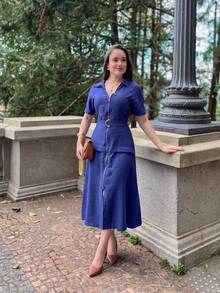 Rivera. Plain Short Sleeve Midi Dress WOMEN'S FASHION Summer - Màu xanh hải quân - Xem 7