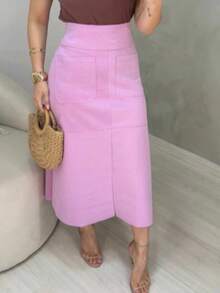 WOMEN'S SUEDE SKIRT WITH ZIPPER AND POCKET. STYLE AND ELEGANCE. - Baby Pink - View 1