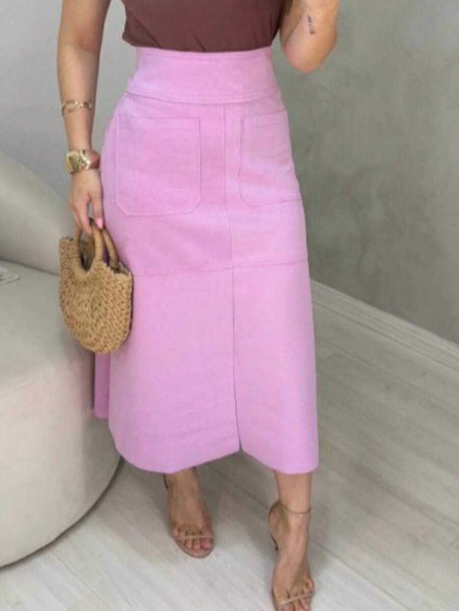 WOMEN'S SUEDE SKIRT WITH ZIPPER AND POCKET. STYLE AND ELEGANCE. - Baby Pink - View 1