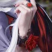 Vintage Gothic Red Rose Bracelet With Ring, Halloween Lace Flower Wristband, Bridal Accessory, Fashionable Vintage One-Piece Bracelet Jewelry - S001-01 đen + đỏ - Xem 2