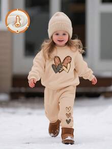 可爱风格女孩冬季服装，亮片心形运动衫+卷边裤，舒适又吸睛 - 杏色 - 查看 1