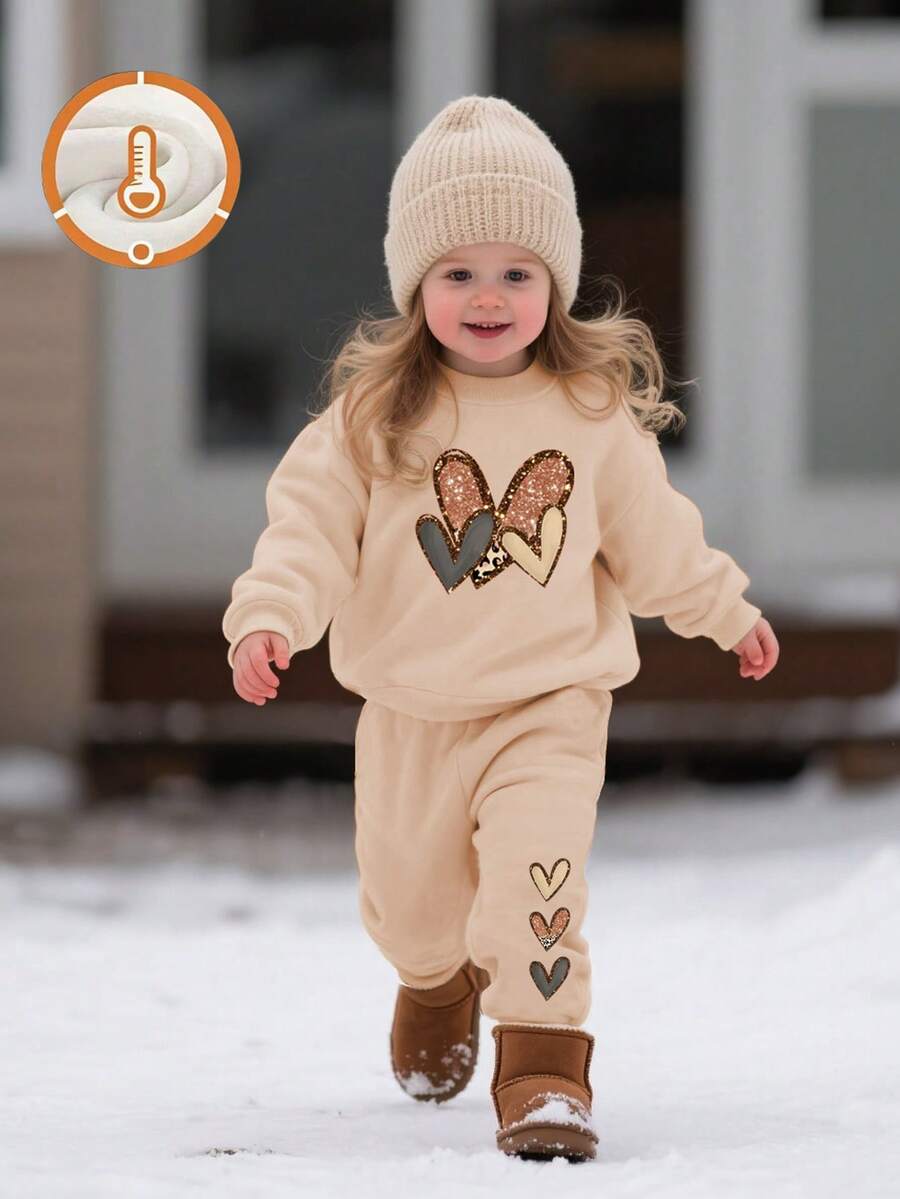 可爱风格女孩冬季服装，亮片心形运动衫+卷边裤，舒适又吸睛 - 杏色 - 查看 1