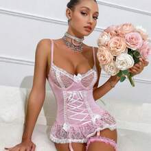 Sexy Lingerie Sets For Women Babydoll Dresses Bras Panties Corset Sleepwear Nightgowns Wedding Guest Bridal Honeymoon Gifts,Lingerie For Women Lace Bodysuit V Neck Babydoll Lingerie Sleepwear Nightgown - 粉色 - 查看 4