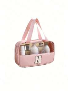 1 pièce Sac de maquillage organisateur en PVC transparent, design de lettre, sac de maquillage portable et imperméable, sac de toilette minimaliste avec patch initial, cadeau pour maman, sac de plage, accessoires de plage, serviette de plage, fournitures de plage, sac de vacances, indispensable pour les vacances d'hiver et d'automne, cadeau de la Saint-Valentin
