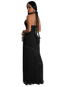 Women's Solid Color Hollow Out Design Bodycon Halter Sexy Party Dress - Black - View 7