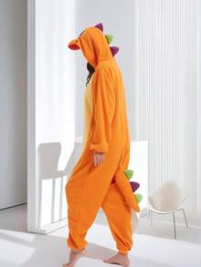 Unisex Orange Dragon One-Piece Pajamas Hooded Cartoon Jumpsuit Fall Winter Christmas Animal Cosplay One Piece Pajamas, Funny One Piece Outfit For Halloween Party - 橘色 - 查看 2