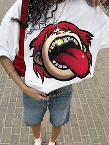 Funny Red-Haired Cartoon Character Graphic Teen Girl Cotton T-Shirt Baby Tee Teen Girl Clothes,Teen Girl Tops,Cute Tops,Baby Doll Top - 白色 - 查看 1