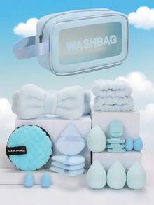 NEFOUME 21件套面部护理套装，包含防水洗漱包 + 8个化妆海绵（8个水滴形/圆形/锥形）| 防水腕带1对 + 蝴蝶结发带 | 多层收纳设计 | 清洁及发饰，价格实惠，适合作为圣诞礼物、化妆品、化妆工具等。