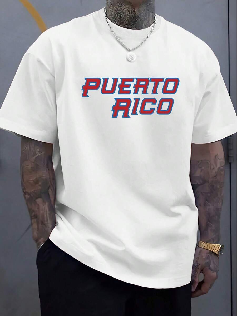 Featuring Distressed Vintage Finish, Men's Casual T-Shirt With Puerto Rico-Inspired Red And Blue Art Design.Made Of Soft, Stretchy Fabric With LogoPrinting, Crew Neck And Short Sleeves, Perfect For Year-Round Weekend Wear.,Summer Outfits Shapes,Tops Shapes - trắng - Xem 1