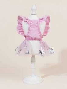 一套宠物薄纱婚纱，带领结，可爱印花连衣裙+领结宠物服装，弹力网纱公主宠物裙，适合猫狗 - 彩色 - 查看 3