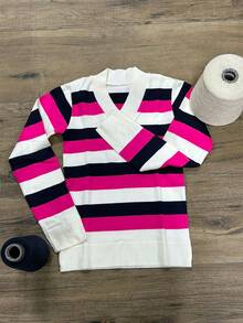 Women's Striped Sweater Top | Women's Long Sleeve Striped Top | Striped V-Neck Top - 牛奶粉紅色 - 查看 5