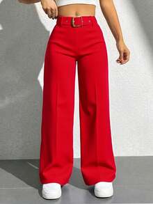 Pantalón de vestir para mujer diseño moderno y sofisticado con cintura alta que estiliza la figura y realza la silueta, ideal para mujeres jóvenes y señoras que buscan un estilo casual elegante para oficina, reuniones, eventos especiales o salidas; confeccionado en tela tipo crepé de alta calidad con interior suave, cómoda y resistente, con stretch que se adapta al cuerpo sin perder su forma; corte recto de pierna ancha que aporta libertad de movimiento y una caída fluida; detalle fajo de hebilla dorada al frente que añade un toque refinado y femenino; pretina posterior elasticada para un ajuste perfecto y cómodo durante todo el día; sin bolsillos frontales para mantener una línea limpia y estilizada, prenda versátil que combina fácilmente con blusas, camisas o tops para crear looks formales o casuales; resistente a arrugas y al pilling, lavable a máquina sin deformación, pieza atemporal que no pasa de moda y que se convierte en un básico imprescindible en el guardarropa femenino. - Rojo - Ver 2